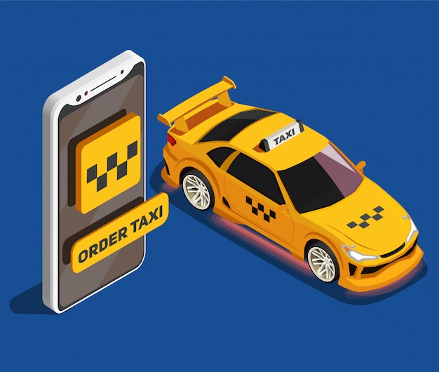 Order taxi isometric illustration with yellow taxi car and big image of modern smartphone with mobile app taxi service