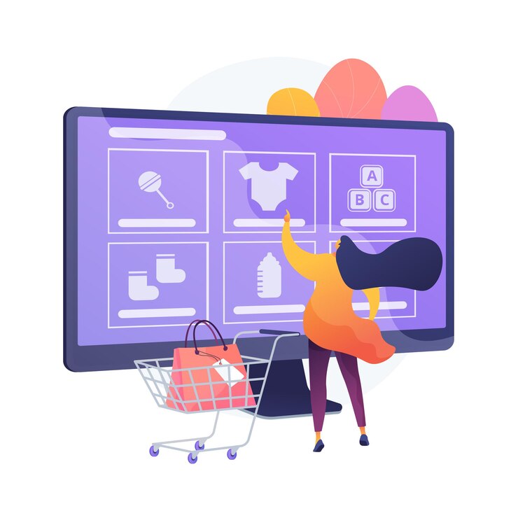 Free Vector ordering goods online. internet store, online shopping, niche e commerce website. mother buying babies clothes, footwear and toys, infant accessories. vector isolated concept metaphor illustration