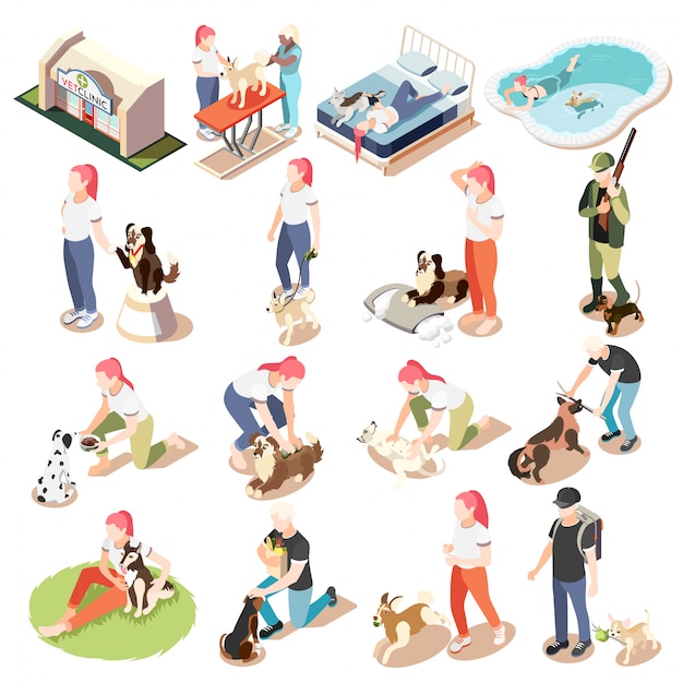 Ordinary life of man and his dog isometric icon set woman and man with their dogs  illustration