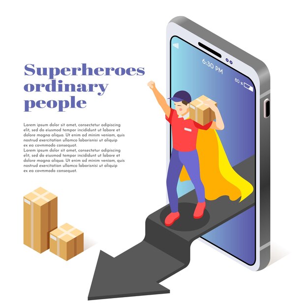 Ordinary people as superheroes isometric illustration with courier service man delivering package stepping out smartphone