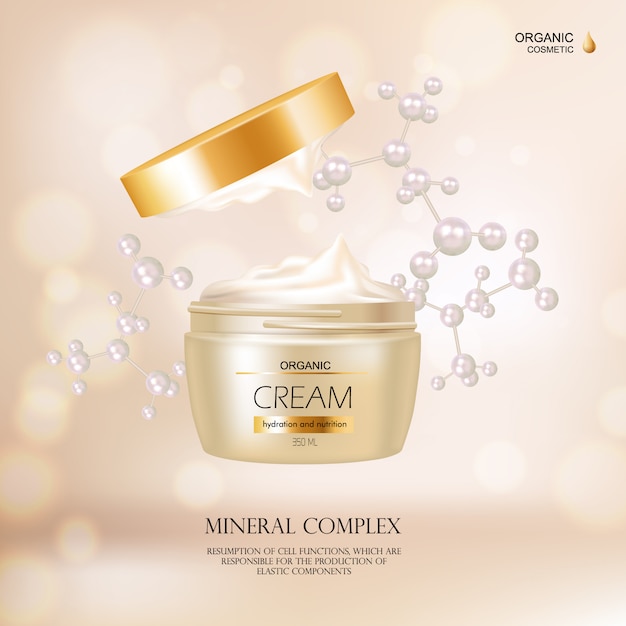 Free vector organic cosmetic concept with cream container and gold cover for advertisement in fashion magazine r