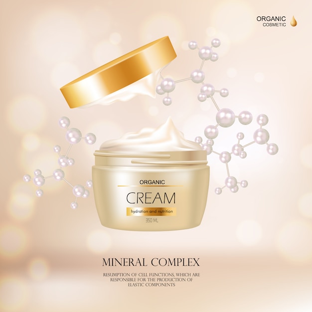 Organic cosmetic concept with cream container and gold cover for advertisement in fashion magazine r