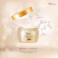 Free vector organic cosmetic concept with cream container and gold cover for advertisement in fashion magazine r
