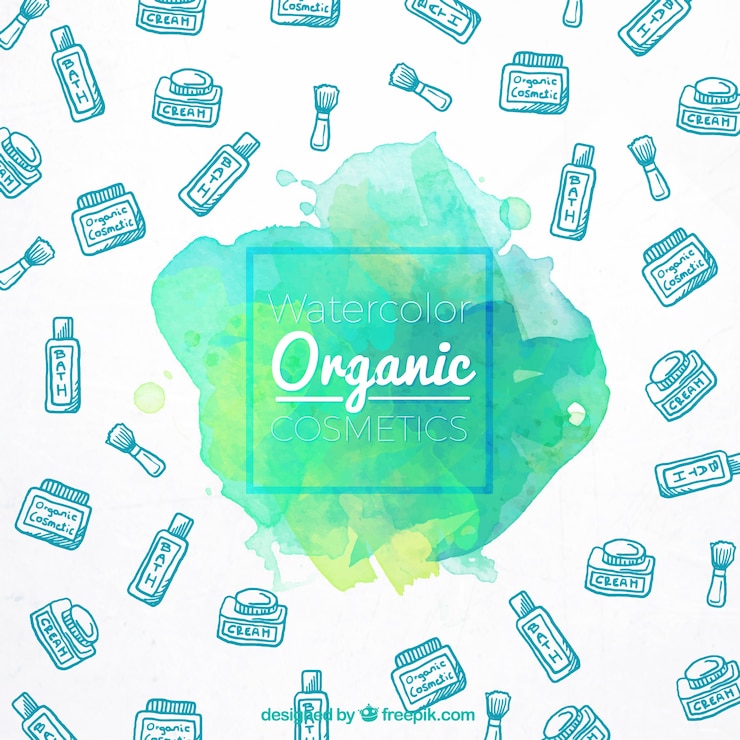 Free Vector organic cosmetics hand drawn around a watercolor stain