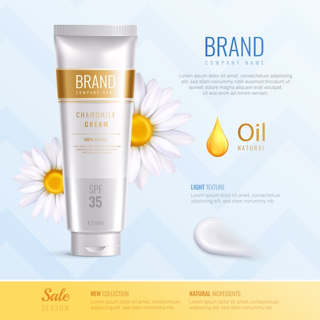 Organic cosmetics ingredients advertising realistic composition with new collection natural ingredients descriptions vector illustration