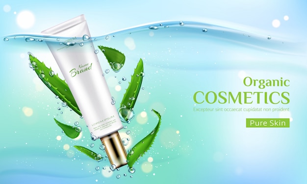 Free vector organic cosmetics product tube with green aloe vera leaves on transparent aqua with air bubbles.