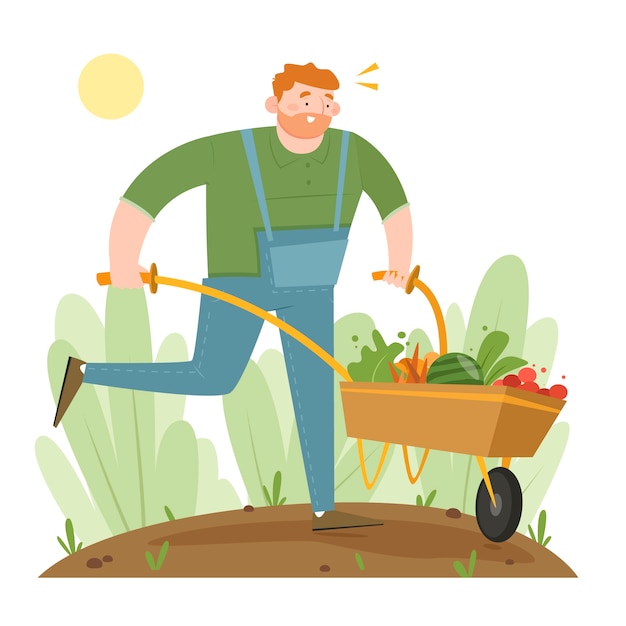 Free vector organic farming concept with man holding wheelbarrow
