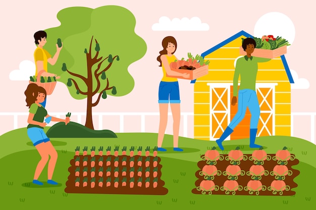 Free vector organic farming concept with people and crops