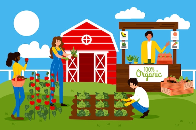 Free vector organic farming concept with people cultivating vegetables