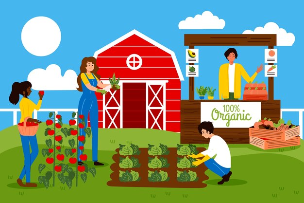 Organic farming concept with people cultivating vegetables