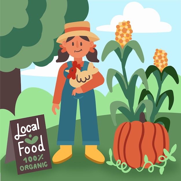Organic farming illustration with girl farmer