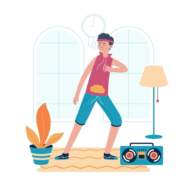 Organic flat dance fitness at home illustration with people