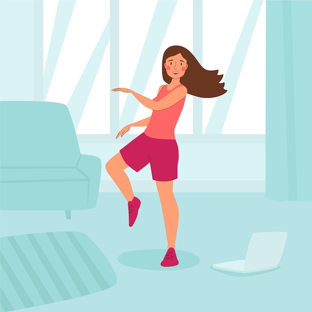 Organic flat dance fitness at home illustration with people