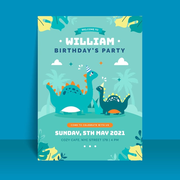 organic flat dinosaur birthday invitation template