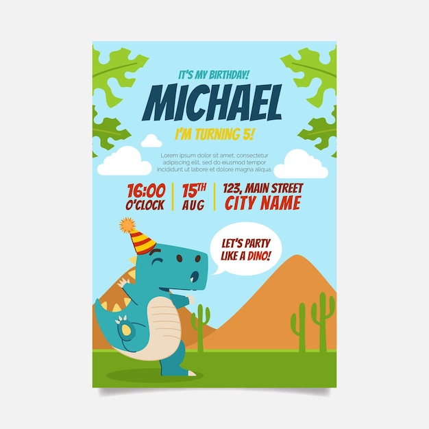 Free vector organic flat dinosaur birthday invitation template