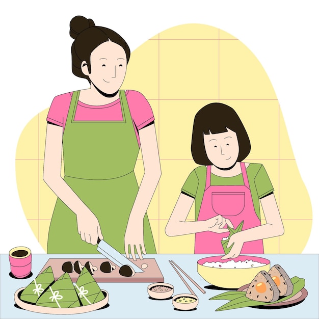 Organic flat dragon boat family preparing and eating zongzi illustration