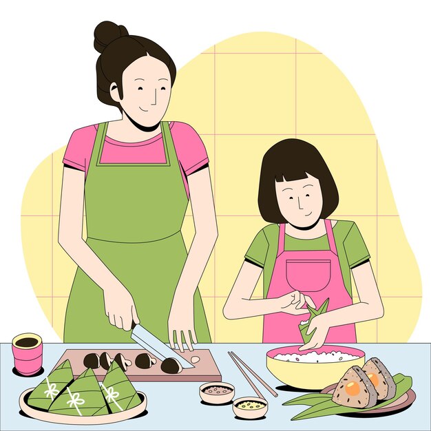 organic flat dragon boat family preparing and eating zongzi illustration