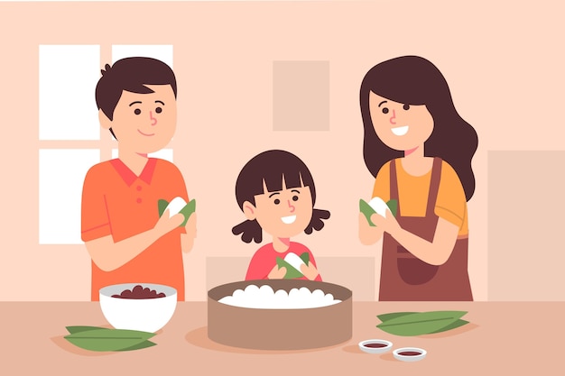 Organic flat dragon boat family preparing and eating zongzi illustration