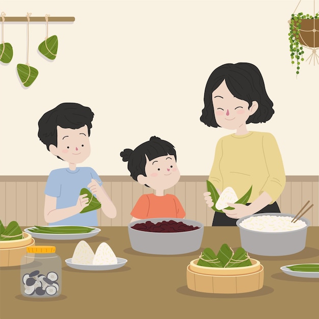 Free vector organic flat dragon boat family preparing and eating zongzi illustration