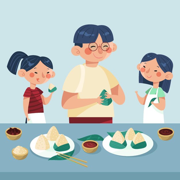 Organic flat dragon boat family preparing and eating zongzi illustration