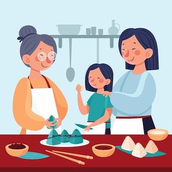 Famiglia piatta organica della barca del drago che prepara e mangia l'illustrazione di zongzi