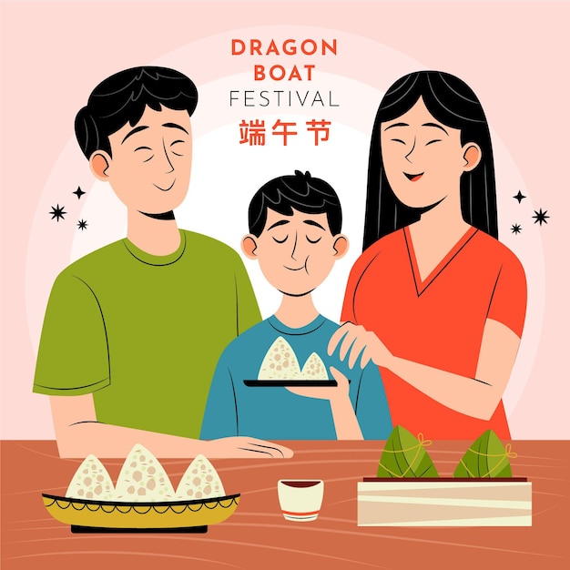 Famiglia piatta organica della barca del drago che prepara e mangia l'illustrazione di zongzi