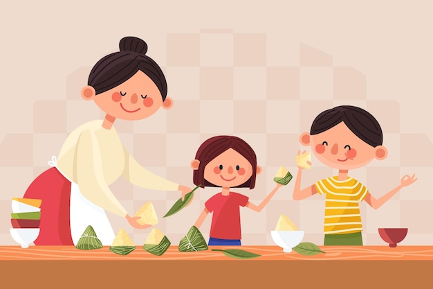 Organic flat dragon boat family preparing and eating zongzi illustration