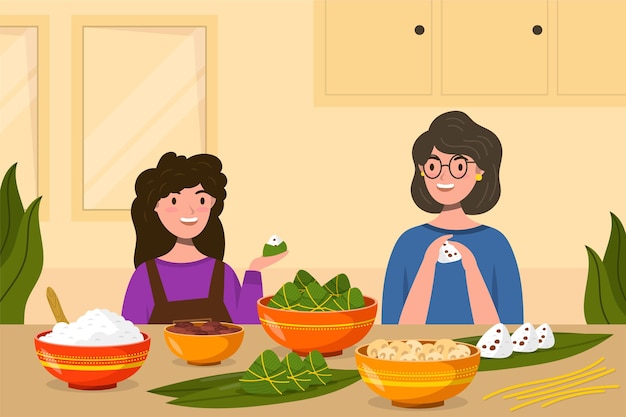 Free vector organic flat dragon boat illustration with family preparing and eating zongzi