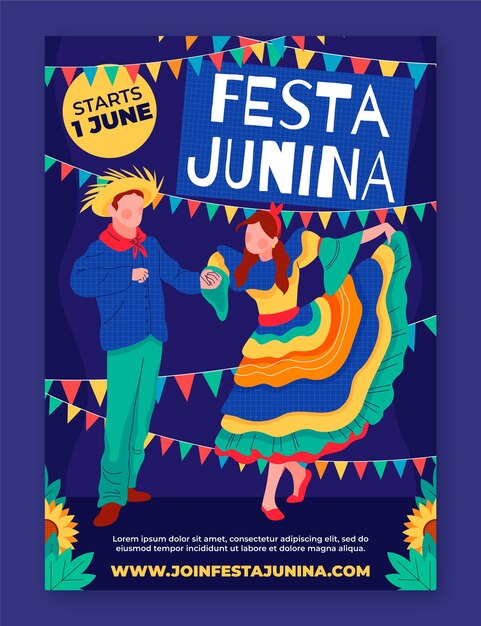 Органический плоский шаблон вертикального плаката festa junina