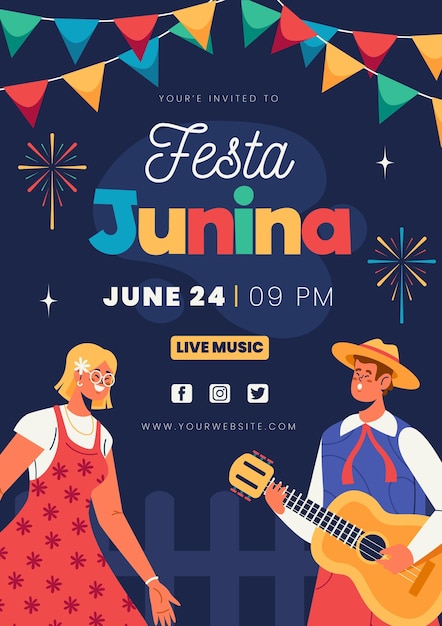 무료 벡터 유기 평면 축제 junina 수직 포스터 템플릿