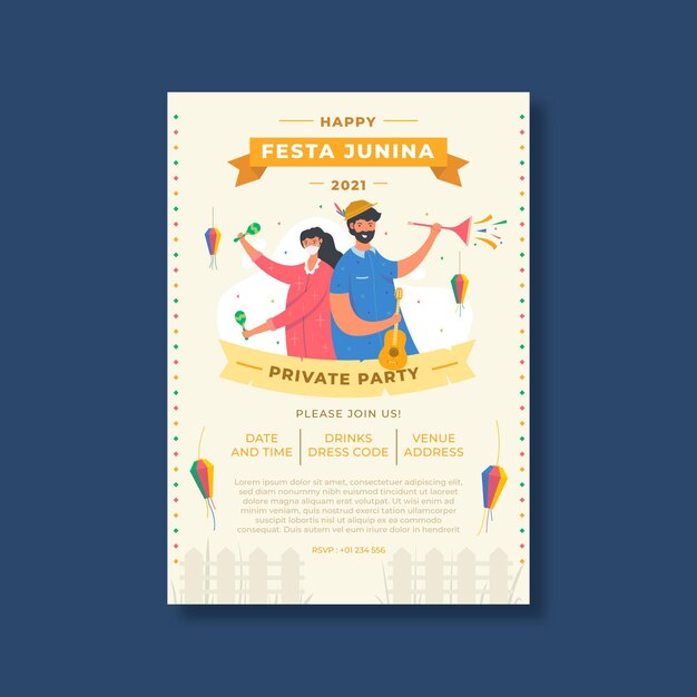 유기 평면 축제 junina 수직 포스터 템플릿