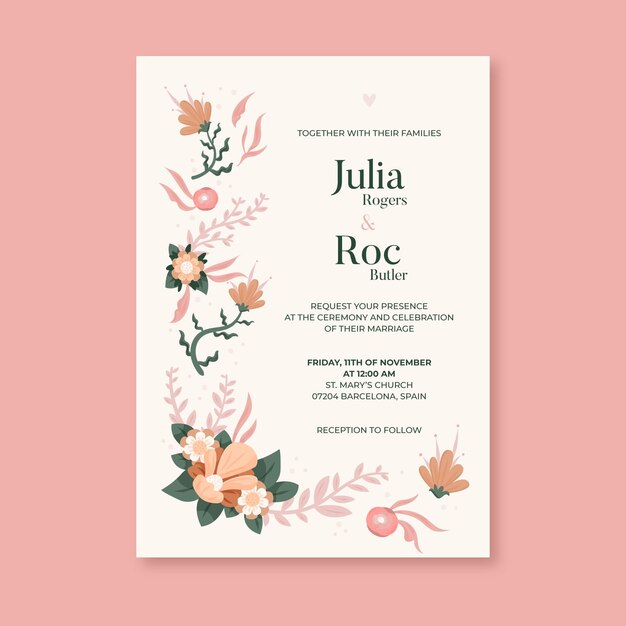 Organic flat floral wedding invitation template