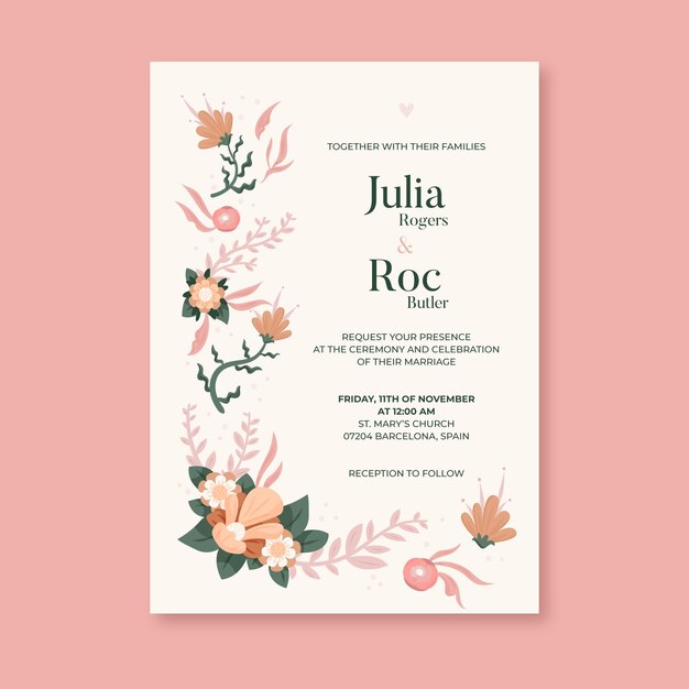organic flat floral wedding invitation template