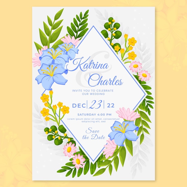 Бесплатное векторное изображение Органический плоский цветочный шаблон свадебного приглашения
