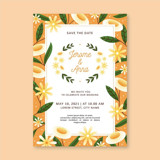 Organic flat floral wedding invitation