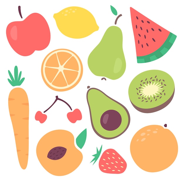 Organic flat fruit collection illustrated