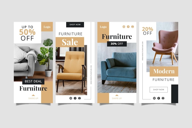 Vettore gratuito collezione di storie instagram di vendita di mobili piatti organici