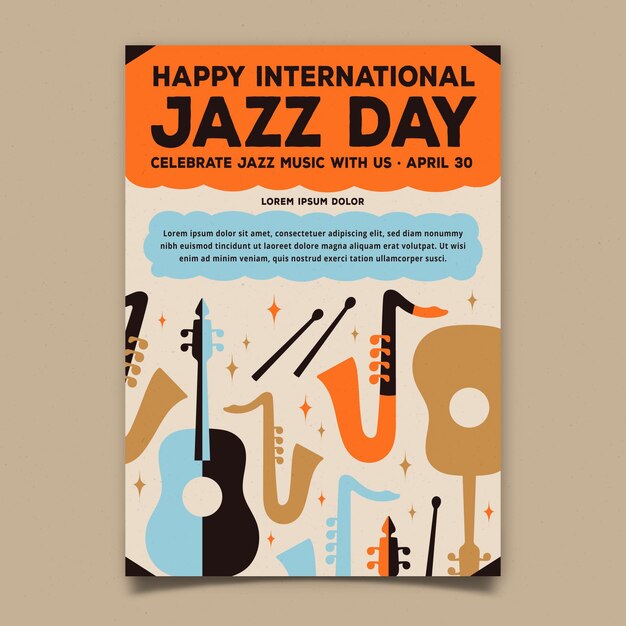 Modello di poster verticale di giorno di jazz internazionale piatto organico