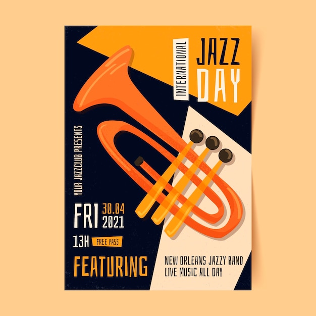 Modello di poster verticale di giorno di jazz internazionale piatto organico