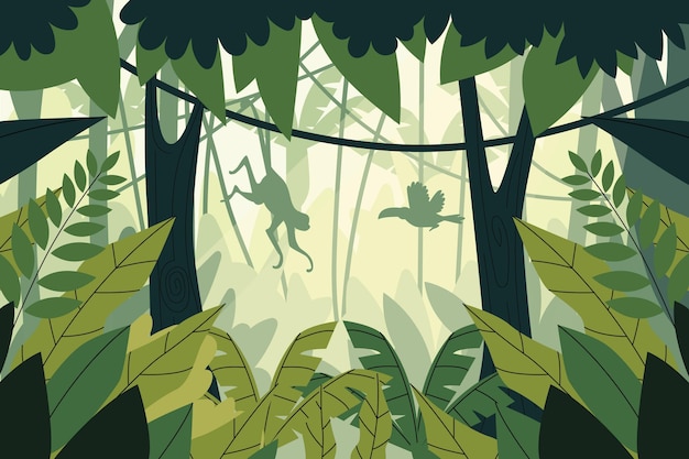 Органический плоский фон джунглей с силуэтом обезьяны