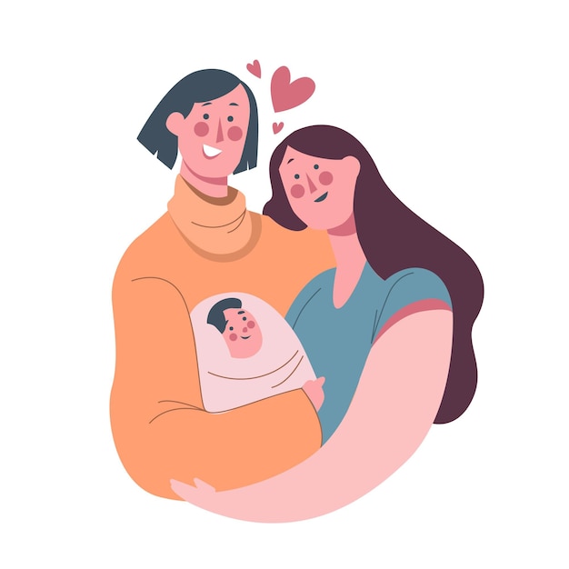 Organic flat lesbian couple illustration with child