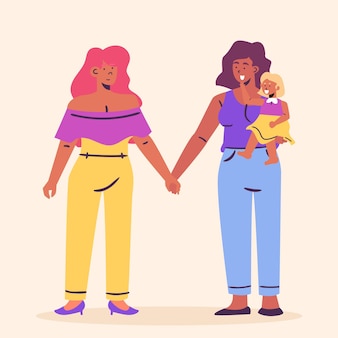 Organic flat lesbian couple illustration with child