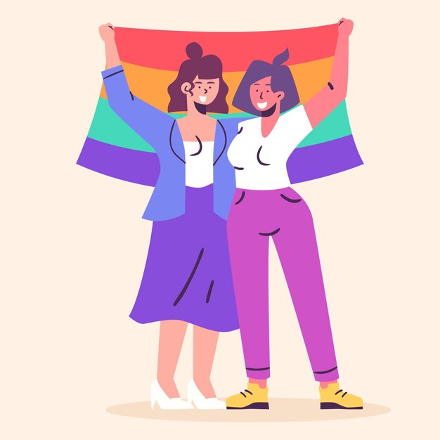 lgbtフラグと有機フラットレズビアンカップルイラスト