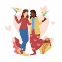 Бесплатное векторное изображение Органическая плоская иллюстрация лесбийской пары с флагом лгбт
