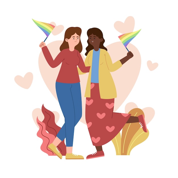 Organic flat lesbian couple illustration with lgbt flag