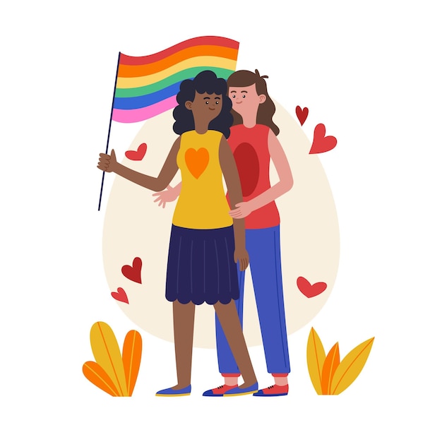 Illustrazione di coppia lesbica piatto organico con bandiera lgbt