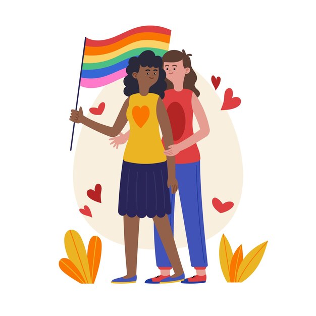 Органическая плоская иллюстрация лесбийской пары с флагом лгбт