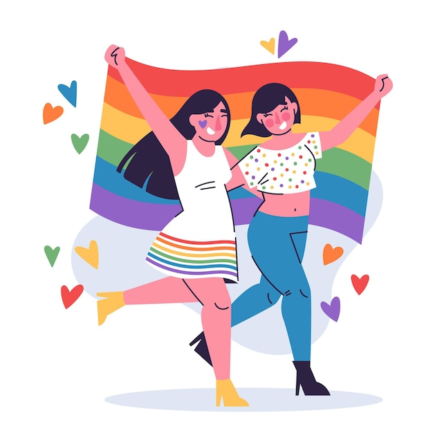 Organic flat lesbian couple with lgbt flag