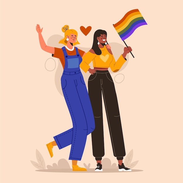 Organic flat lesbian couple with lgbt flag