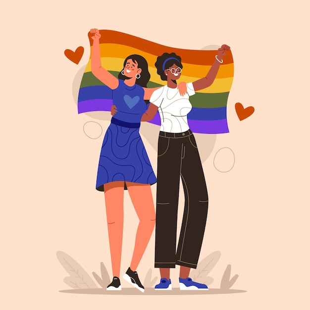 Free vector organic flat lesbian couple with lgbt flag